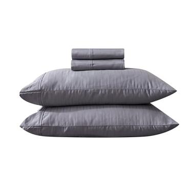 Imagem de New Season - Lençóis de cama 100% algodão jacquard - 600 fios multilistrados - Conjunto de lençóis de cama de 4 peças de cetim tecido sedoso e suave - bolso profundo de 38 cm - (Queen, cinza claro)