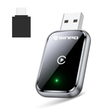 Imagem de SINPO Adaptador CarPlay e Android Auto sem fio para iPhone e Android, com cabo de extensão USB e USB-C, conexão estável e sem atraso, design compacto, cor preta