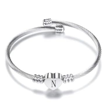 Imagem de BlingNuts Pulseira de prata com iniciais de coração de aço inoxidável A-Z gravada joia feminina para aniversário e Natal, F, Aço inoxidável, Sem Pedra Preciosa