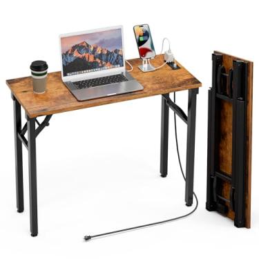 Imagem de TEMI Mesa dobrável pequena para computador – sem montagem, mesa dobrável compacta de 91 cm com tomadas de energia e porta de carregamento USB, mesa de escritório pequena portátil, mini mesa de estudo