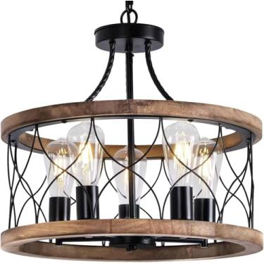 Imagem de Bamusowow Lustre Rústico De Madeira Maciça Com 5 Luzes, Estilo Fazenda, Para Sala De Jantar, Luminária De Teto Semi-Embutida De Madeira Rústica De 18" Com Moldura Linear Retrô Para Sala De Estar, Co