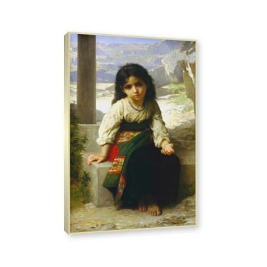 Imagem de Moldura dourada champanhe. Impressões de arte William Adolphe Bouguereau - Pintura de retrato - (A menina mendiga) - Pôster temático de mitologia grega - Pôster de decoração de parede vintage. 30 x 48