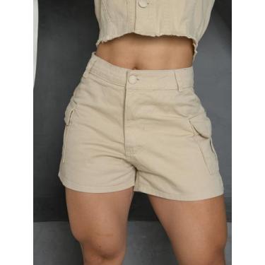 Imagem de Short Cargo Jeans Bege Feminino com Cintura Alta e Bolsos Funcionais -