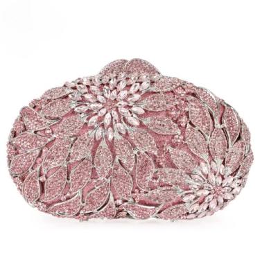Imagem de GSYPS Bolsa de mão de luxo com strass de cristal vazada com flores 3D, bolsa de formatura e casamento, rosa