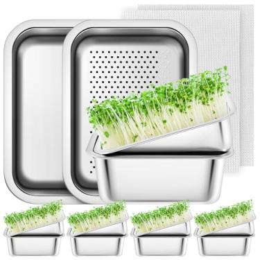 Imagem de Vesici Pacote com 4 unidades de kit de bandeja de germinação de cultivo de aço inoxidável, sem solo, kit de germinação de sementes, recipiente de cultivo de grama de trigo para feijão, sementes de