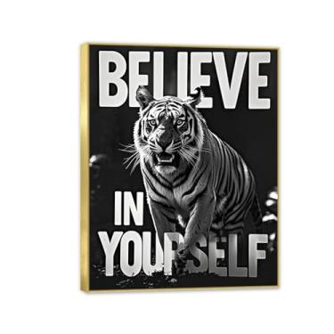 Imagem de Arte inspiradora de parede de escritório tigre feroz tigre preto branco impressão em tela pôsteres inspiradores de animais citações motivacionais imagens para decoração de parede de quarto masculino