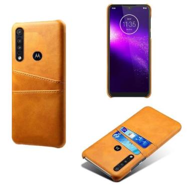 Imagem de Capas Compatível com MOTO One macro,tampa protetora de couro falso,design de saco de cartão com 2 fendas de cartão atrás,proteção anti-impressão digital e anti-gota-Yellow
