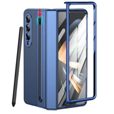 Imagem de YQODSZ Capa para Samsung Galaxy Z Fold 4 com suporte para caneta S e caneta Stylus, capa de couro premium Z Fold 4 com proteção de dobradiça, cobertura total, capa fina para Z Fold 4 azul
