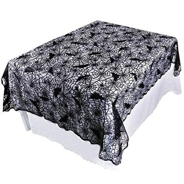 Imagem de Toalha de mesa retangular/redonda de Halloween, aranha morcego, decoração de mesa de renda preta para festa de Halloween D ̈ ¦ decoração de jantar assustador refeições assustadoras, 60*84 Inch