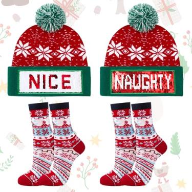 Imagem de Cuffbow 4 peças de gorro de malha de Natal impertinente com meias de Natal, floco de neve, reversível, vermelho, gorro de malha com pompom de Natal, suprimentos de festa de Natal para mulheres