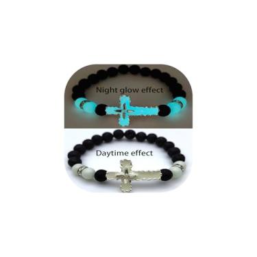 Imagem de LXSSLY Pulseiras De Pedra Vulcânica Natural 8 Mm Para Homens, Cruz Luminosa Ioga, Elásticas Cristal Cura Com Contas Elásticas, Comunhão Religiosa Feminina