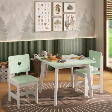 Imagem de Conjunto Infantil Mesa com 2 Cadeiras Madeira de Pinus Sofia Branco / Verde