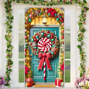 Imagem de BlissYard Decoração de capa de porta de Natal, guirlanda de doces gigante, ornamentos coloridos, 89 x 188 cm, faixa para porta da frente, decoração de Natal para casa, férias, cenário de fotos de