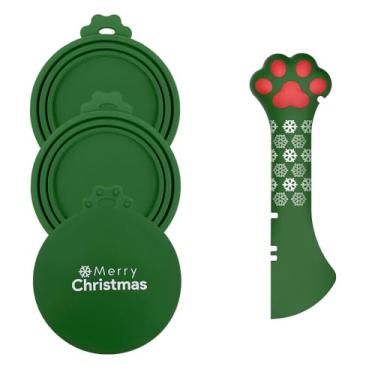 Imagem de DORUI Conjunto de animais de estimação de Natal - 3 tampas de lata de comida de gato e 1 abridor de lata sem BPA | Colher de espátula em formato de pata fofa para comida úmida | Colher e capas de