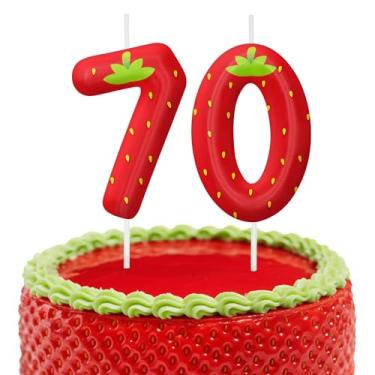 Imagem de Velas de aniversário de morango, decoração de topo de bolo de 6 cm, número 70 velas, decorações de aniversário, decorações de bolo de festa de aniversário, suprimentos de festa