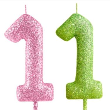 Imagem de Vela de aniversário de 11 anos, rosa, verde, glitter, número 11, velas românticas, decoração de bolo para meninas, meninos, mulheres, comemorações, artigos de festa