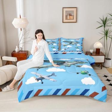 Imagem de Homewish Conjunto de edredom com estampa de avião, para crianças, meninas, mulheres, adultos, azul, branco e vermelho, conjunto de edredom acolchoado com desenho de avião, tamanho solteiro, 2 peças