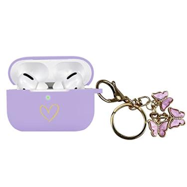 Imagem de AIIEKZ Capa compatível com AirPods Pro, capa de silicone macio com padrão de coração dourado para AirPod Pro com chaveiro fofo de borboleta para meninas e mulheres (roxa)