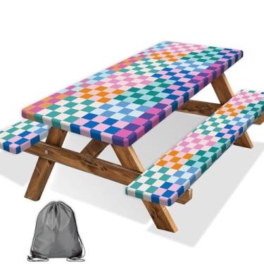 Imagem de Wathon Toalha de mesa de piquenique com capas de banco de 1,8 m, 3 peças, toalha de mesa de acampamento reutilizável, impermeável, à prova de óleo, com borda elástica para pátio interno e externo
