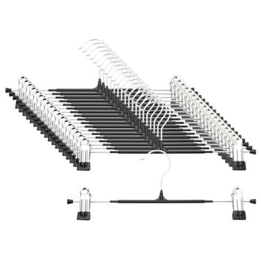 Imagem de Cabides para calças com clipes – Pacote com 20 cabides de saia resistentes, antiderrapantes ajustáveis para economizar espaço, para calças, jeans, shorts | Preto | 30,5 cm