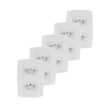 Imagem de Kit 5 Conjunto 2 Tomadas Branca Monobloco 2P+T 10A 250V 4X2
