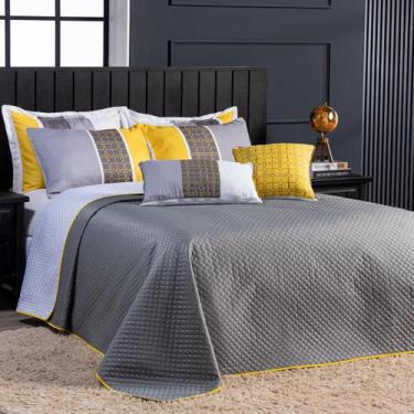 Imagem de Kit Cobre Leito Colcha Geométrico Cinza/Amarelo Dupla Face com Almofad