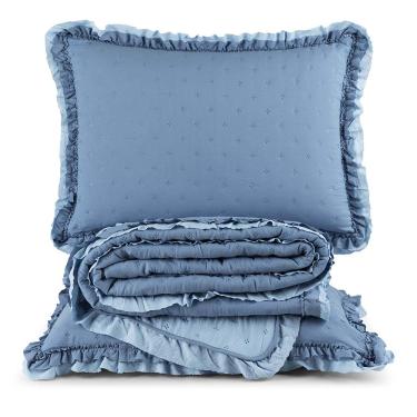 Imagem de Kit Cobre Leito Colcha Lilian Casal 3 Peças Matelado Dupla Face Micropercal 200 Fios - Azul - 100% Poliéster