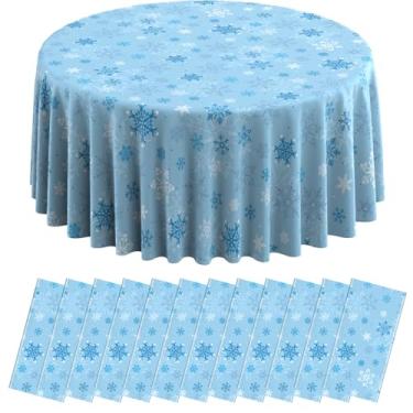 Imagem de 12 peças de toalha de mesa de plástico de floco de neve de Natal, toalha de mesa redonda descartável azul claro floco de neve para o inverno, suprimentos de festa de Natal, 213 cm (azul claro)