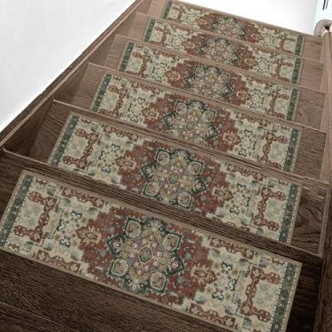 Imagem de Escadas antiderrapantes para degraus de madeira 15 peças - 20 x 76 cm tapete de segurança interna, tapetes de borda com adesivo TPE, tapetes de escada para animais de estimação e idosos (urucum)