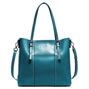 Imagem de Bolsa feminina de couro legítimo, bolsa grande para trabalho com vários compartimentos, bolsa transversal, Azul