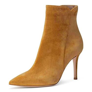 Imagem de Botas femininas de salto alto, salto alto, bico fino, confortável, sexy, clássica, botas curtas, Camurça sintética açafrão, 6.5