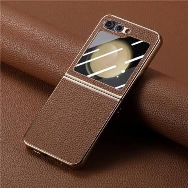 Imagem de Capa de telefone dura de couro para Samsung Galaxy Z Flip 5 Flip5 5G Capa de outono, marrom, para Galaxy Z Flip5