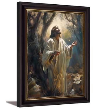 Imagem de Arte de parede em tela de Jesus emoldurado marrom escuro Jesus rezando no jardim do Getsêmani para decoração de parede de oração cristã para sala de estar, quarto, decoração de igreja
