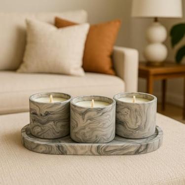 Imagem de Kit com 3 Velas Aromáticas de Gesso + 1 Bandeja Decorativa Marmorizada – Conjunto Artesanal para Decoração de Ambientes (Marmorizado Preto,Bergamota)
