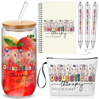 Imagem de Maitys 6 peças, presentes de terapia ocupacional, Natal, OT, bolsa de maquiagem para terapeuta, copo de vidro de 500 ml, com tampa e canudo, caderno espiral com 3 canetas esferográficas (flor)