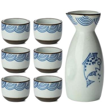 Imagem de Conjunto de 7 saquê japonês de cerâmica inclui 1 garrafa de saquê 6 xícaras de saquê para saquê quente ou frio em casa ou restaurante