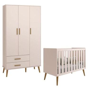 Imagem de Berço Americano E Guarda Roupa Infantil 3 Portas Isis Rosa Acetinado -