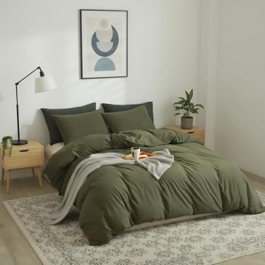 Imagem de REYOS Jogo de capa de edredom verde exército King - conjuntos de capa de cama 100% algodão lavado, inclui capa de edredom 1 x 104 x 90 com fronhas de travesseiro de 5 x 50 x 91 cm, conjuntos de capa