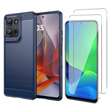Imagem de MISIDE caso para Moto G75 5G caso, com Moto G75 5G protetor de tela. [3 em 1] Capa de fibra de carbono resistente a arranhões + protetor de tela de vidro temperado 9H (Azul)