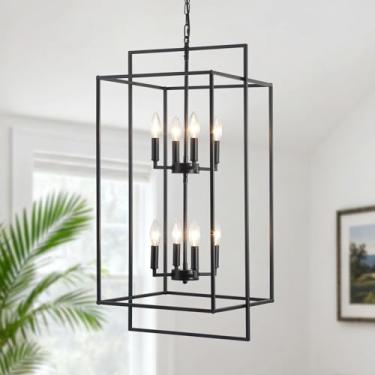 Imagem de QAREHL Lustres Pretos Para Teto Alto, Lustre Moderno Estilo Fazenda, Lanterna Para Entrada, Hall De Entrada, Escada, Corredor, Sala De Jantar, Cozinha, Ilha, 15,74'' Polegadas, Luminária Pendente C