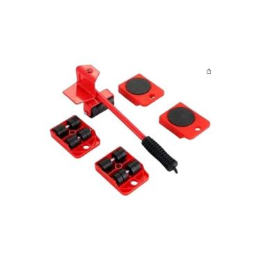 Imagem de Kit Levantador de Móveis, Alavanca com 4 Rodinhas, Vermelho, Metal e Plástico, Suporta 150kg, para Movimentação de Cargas