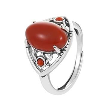 Imagem de Anéis de pedra preciosa oval vintage para mulheres, pedra vermelha sintética, delicada, ajustável, aliança aberta de casamento, aliança geométrica de compromisso, midi para dedo, fahsion, estilo