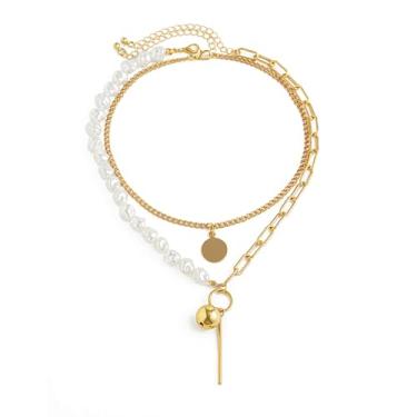 Imagem de Colar feminino com pingente de pérolas barrocas em camadas de ouro 14K, vintage, grosso, duas camadas, disco, gargantilha, clipe de papel, joias modernas, presentes, Large, Zinco, Sem Pedra Preciosa