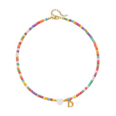 Imagem de Gargantilha feminina com contas de ouro 18 quilates - pingente de letra colorida de aço inoxidável impermeável - joia com pingente de alfabeto personalizado - Presente personalizado delicado para