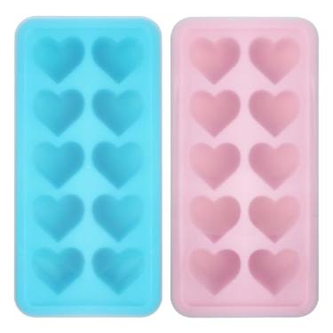 Imagem de 2 bandejas de cubos de gelo de coração, máquina de gelo, moldes de silicone com tampa removível, bandejas de gelo empilháveis com capas (rosa, azul)
