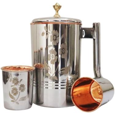Imagem de Conjunto de jarra de água de aço inoxidável e cobre puro com 2 copos (1,5 L / 1,699 ml) | Design gravado, tampa de latão | Ayurveda Health Benefits, jarro de aço de cobre feito à mão