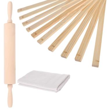 Imagem de Kit de ferramentas de cerâmica com 12 peças, inclui 10 peças de guias de rolo de madeira de 5 tamanhos, 1 rolo de massa e 1 toalha de mesa de linho respirável, conjunto de ensino de cerâmica para