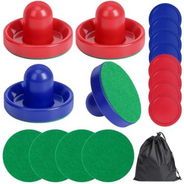 Imagem de Coopay Pás e discos de hóquei de ar, empurradores de hóquei de ar com bolsa de armazenamento de nylon, acessórios de substituição de alças de gol para mesas de jogos (4 empurradores de 96 mm com