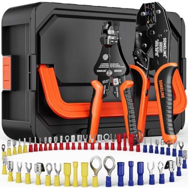 Imagem de SOMELINE Kit de ferramenta de crimpagem para conectores de fios elétricos isolados, com terminais de fio de 51 tamanhos e alicate de crimpagem de catraca 22-10 AWG e alicates de decapagem – para