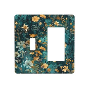 Imagem de BHGAHD Capas de tomada decorativas com conjunto floral com folhas douradas em fundo turquesa, design 2 Gang 1 Gang, placa de parede de interruptor de interruptor de luz de interruptor único para